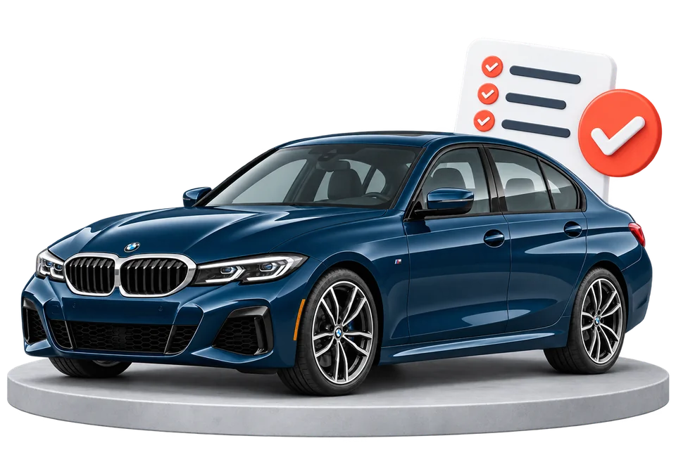 Синьо BMW на платформа до списък за проверка на историята на автомобила